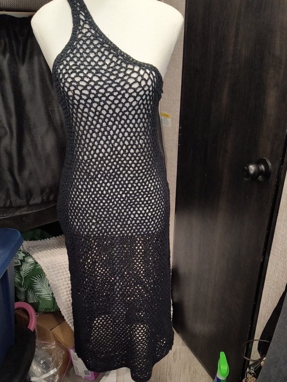 Black One-Shoulder Crochet Dress, XS